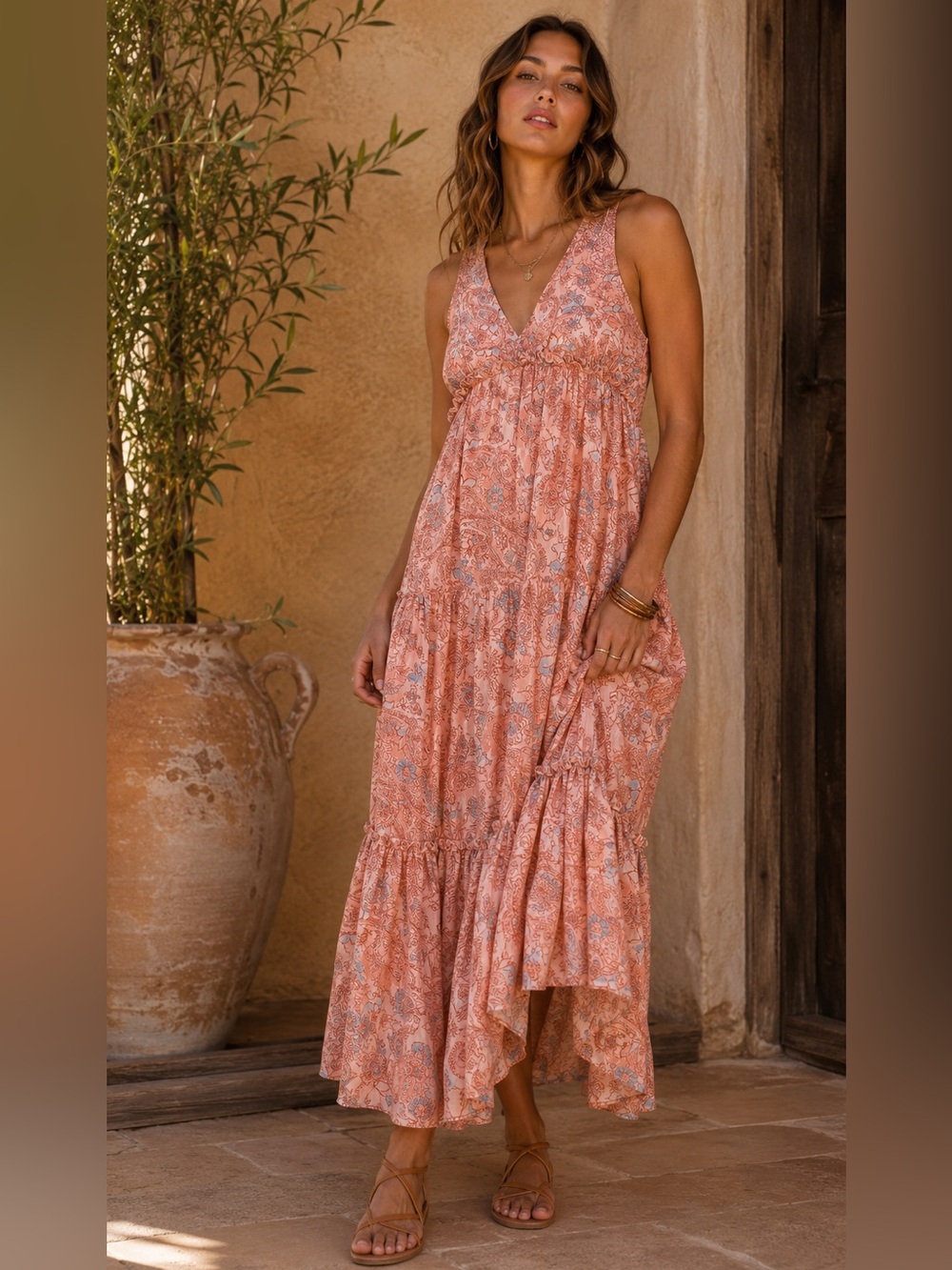 Rachel Zoe 100% Cotton Peach Coral Paisley Maxi Dress | Size S